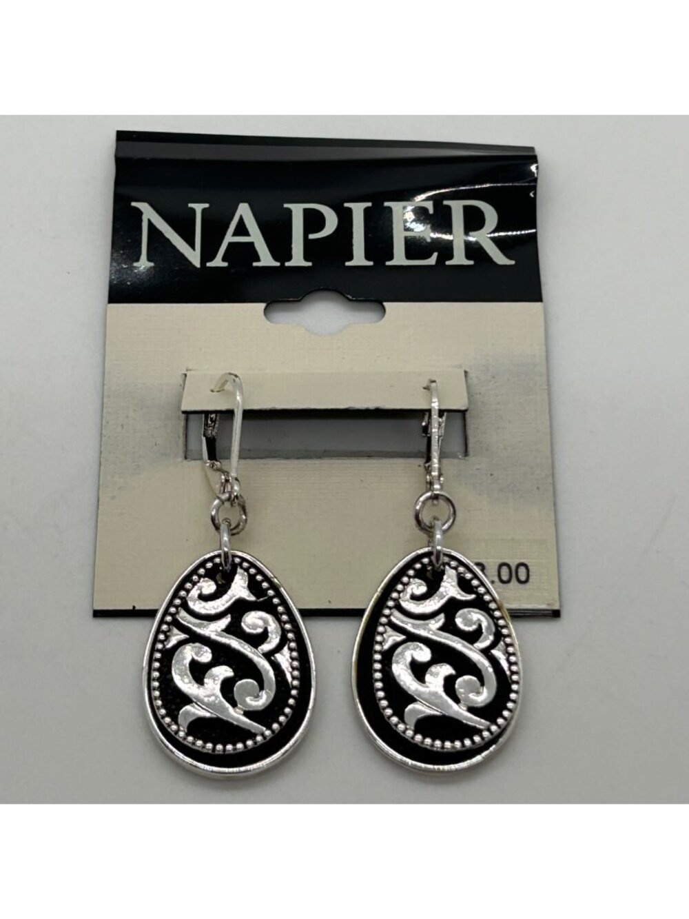 Napier Silver-Tone Black Filigree Teardrop Dangle Leverback Earrings